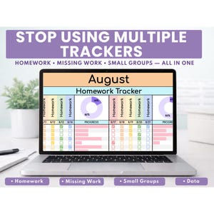 May include: A laptop displaying an August homework tracker. The screen shows a table with columns for homework, and progress percentages. The text at the top reads "STOP USING MULTIPLE TRACKERS". Below the screen are the words "Homework", "Missing Work", "Small Groups", and "Data".