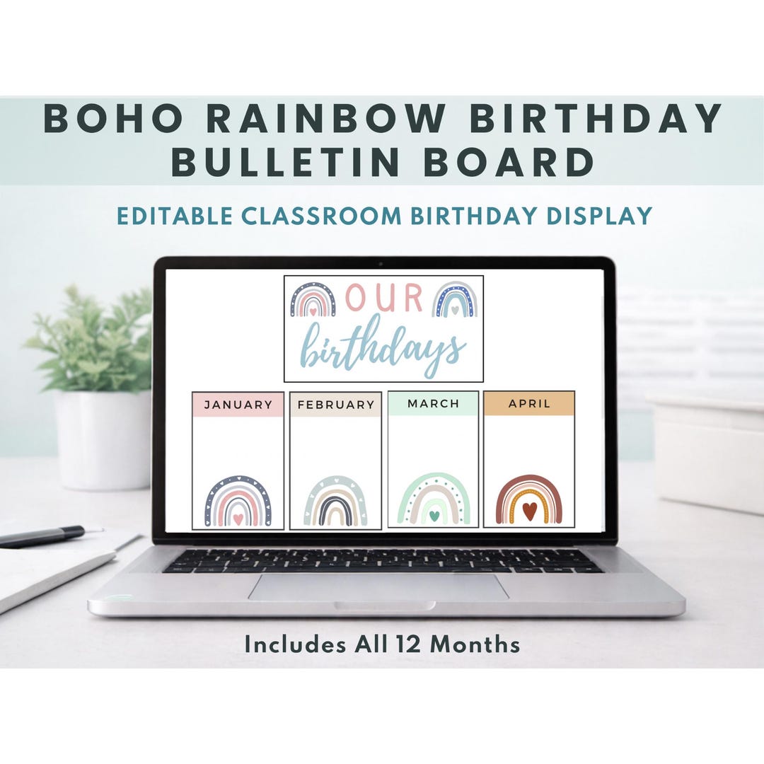 Pastel Boho Rainbow Birthday Bulletin Board Display | Editable ...