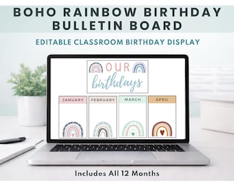 Tablón de anuncios de cumpleaños con arcoíris en tonos pastel boho / Decoración editable para el aula (descarga digital)