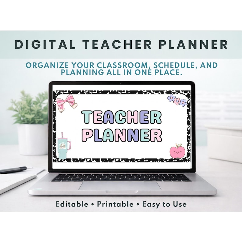 May include: A digital teacher planner displayed on a laptop screen with the text "TEACHER PLANNER" in pastel bubble letters. The screen features a black and white speckled border with illustrations of a pink bow, flowers, a tumbler, and an apple.
