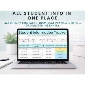 Studentinformatietracker | Contact- en ontslaglogboek voor noodgevallen | Spreadsheet lerarenorganisatie | Google Spreadsheets-sjabloon