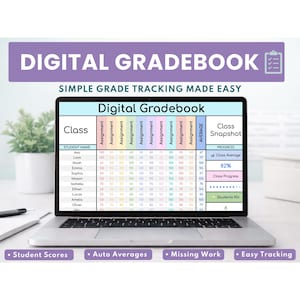 May include: A laptop screen displaying a digital gradebook spreadsheet with columns for student names, various assignments, and calculated averages. The interface includes a class snapshot section with progress metrics, student scores, and labels for missing work.
