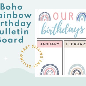 Pastell Boho Regenbogen Geburtstag Pinnwand | Bearbeitbares Klassenzimmer Dekor | Monatliche Geburtstagsanzeige | Sofort Download