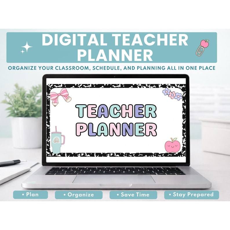 May include: A laptop screen displays a digital teacher planner with a black and white composition notebook border. The screen features the text TEACHER PLANNER in pastel colors, decorated with a pink bow, a tumbler, flowers, and a smiling apple.