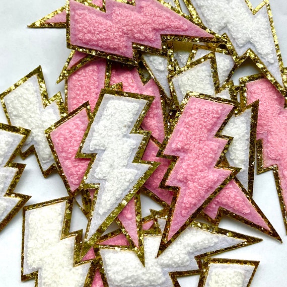 2.25inch Lightning Glitter Chenille Iron on Patches, Stony Clover,  Colourful, Heat Transfer, High Quality, DIY 
