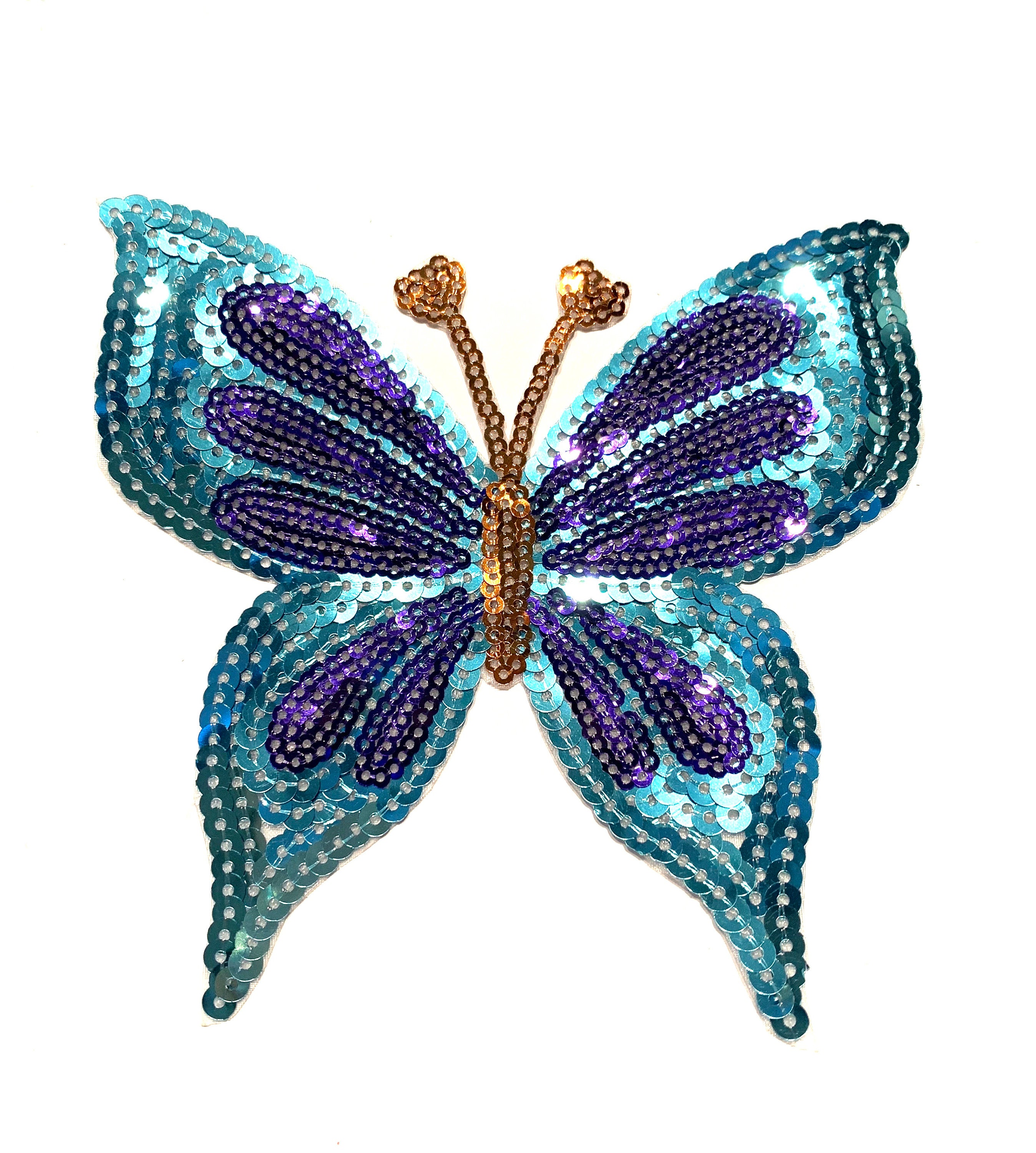 Butterfly Jean Patch, Frayed Distressed Tattered Blue Gold Sew On