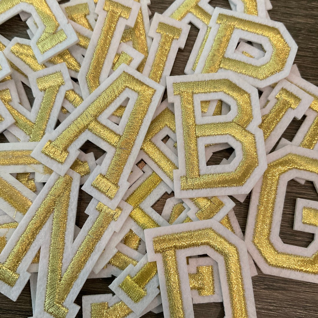 2inch A-Z Metallic Gold Embroidered Letter, White Felt, Iron on Patches ...