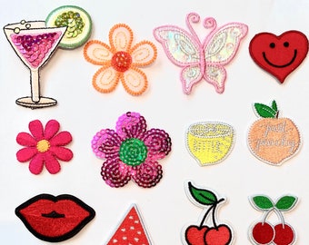 Set of 2pcs-Summer flower butterfly cherry drink embroidered patches iron on (2pcs for 1 price)