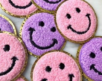 Smiley shape Glitter Chenille iron on patches, colourful, Heat transfer, high quality, DIY