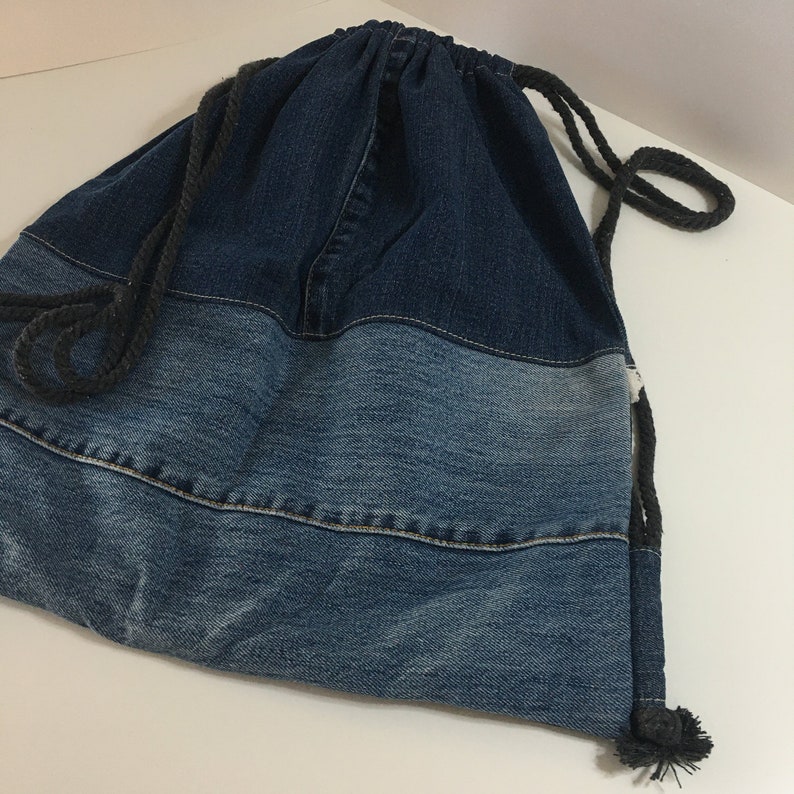 Drawstring Backpack- Upcycled Denim - Etsy