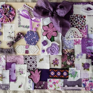 Slow stitch, set in white and shades of violet. Collage, slow stitching, mixed media. Cotton, ribbon...