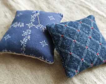 Set of two charming, handmade, original pin cushions / small pillows, PIN made from natural recycled fabric: linen and cotton.