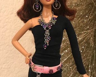 Barbie Handmade Jewelry Brown Leather Braid and Silver Buckle Belt and Earrings