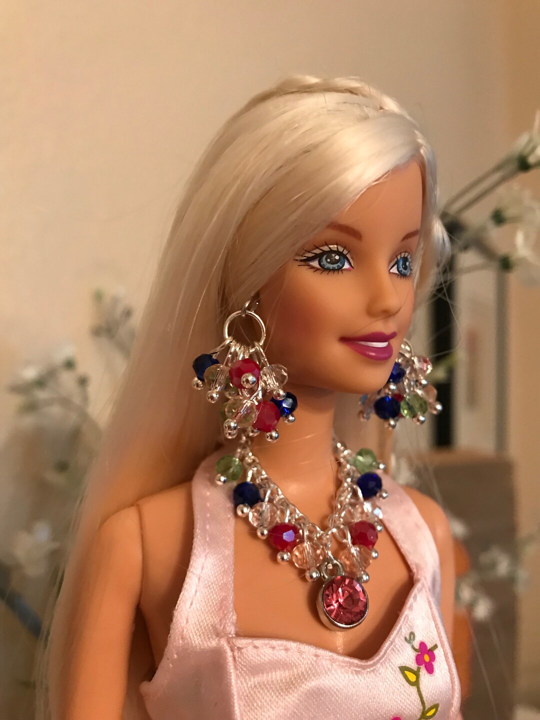 Handmade Jewelry for Barbie - Yellow and Silver Beads Heart Necklace and  Earring