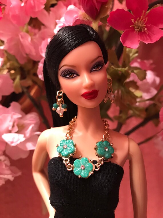 Handmade Jewelry for Barbie Green Marbled Teardrop Necklace and Earrings