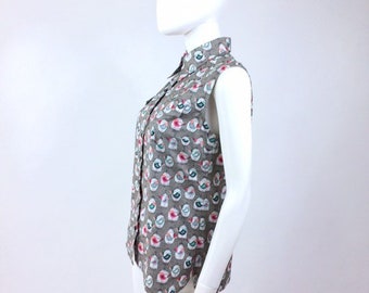 Grey sleeveless cotton shirt with birdcage print - blouse with bird print