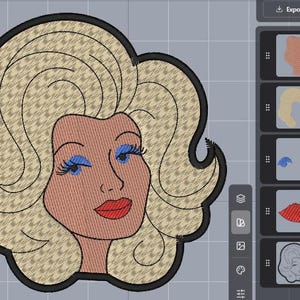 May include: An embroidery design file showing a stylized portrait of a person with voluminous blonde hair, bright blue eyeshadow, long eyelashes, and red lips. The design is outlined in black and displayed on a digital interface with a layer panel.