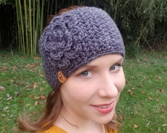 Headband earwarmer with flower, gray flower on gray headband