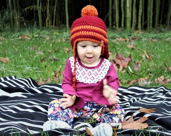 Baby pom beanie size 9-18 month, hat with ear flaps in maroon and orange