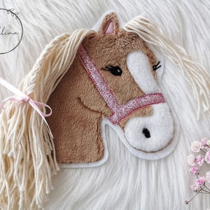 Aufnäher Pferd Applikation Pony Lulu mittelbraun Patch von Johlina Stickherz Glitzerhalfter rosa Silber aqua Bild 2