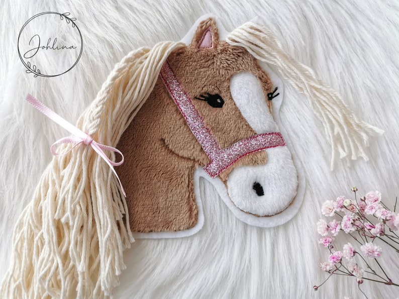 Aufnäher Pferd Applikation Pony Lulu mittelbraun Patch von Johlina Stickherz Glitzerhalfter rosa Silber aqua Bild 2