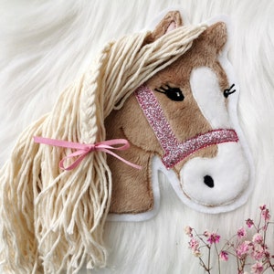 Aufnäher Pferd Applikation Pony Lulu mittelbraun Patch von Johlina Stickherz Glitzerhalfter rosa Silber aqua rosa