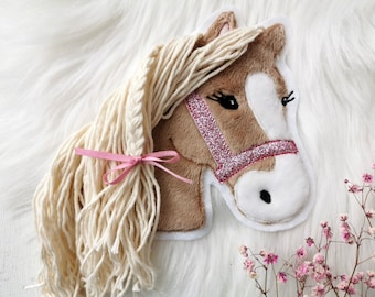 Aufnäher Pferd Applikation Pony Lulu mittelbraun Patch von Johlina Stickherz Glitzerhalfter rosa Silber aqua