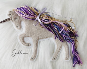 Aufnäher Einhorn Applikation Patch beige lila gold Stickherz Johlina