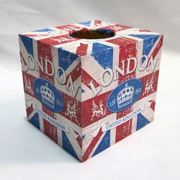 London Union Jack couverture de boîte de tissu, boîte en tissu en bois, boîte de stockage de tissu de cadeau de Londres premier support de tissu cadeau à la maison, parfait dans les maisons, hôtels