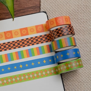 Set of 5 Washi Tapes - Funky and Colourful Paper Tapes - Groovy Retro Checkerboard - Pattern Masking Tape for Bullet Journals UK- Stationery