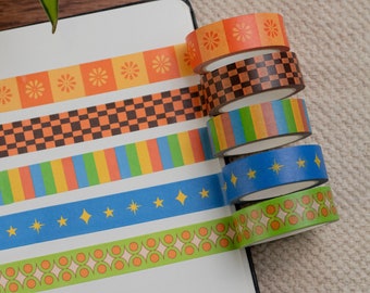 Set of 5 Washi Tapes - Funky and Colourful Paper Tapes - Groovy Retro Checkerboard - Pattern Masking Tape for Bullet Journals UK- Stationery