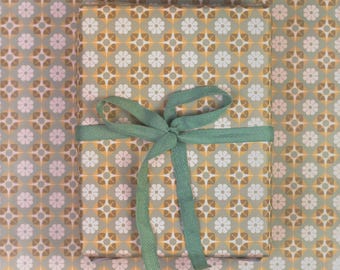 Flower Grid Wrapping Paper Sheet - Cosy Green & Blue Floral Geometric Print - 70 x 50cm - Retro Patterned Aesthetic Birthday Wrap