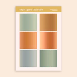 May include: A sticker sheet with six square designs featuring vertical stripes in various colors, including teal, orange, and brown. The text "Striped Squares Sticker Sheet" is at the top.