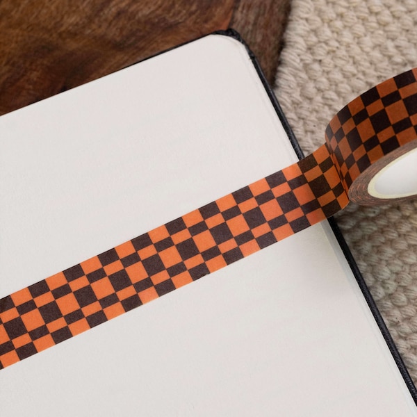 Checkerboard Brown and Orange Washi Tape - 15mm x 10m Paper Tape - Mid-Century Modern - Chequered Biodegradable Recyclable Retro Bujo Tape