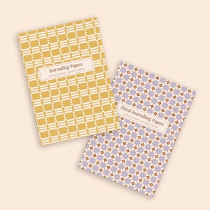 Könnte beinhalten: Zwei rechteckige Papierhefte mit gemusterten Einbänden. Das gelbe Heft zeigt ein weißes Gittermuster und den Text "Journalling Papers LATELY STUDIO | @LATELYSTUDIO". Das lavendelfarbene Heft hat ein braunes Blumenmuster und den Text "Floral Journalling Papers LATELY STUDIO | @LATELYSTUDIO".