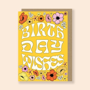 Blumen Geburtstagswunschkarte - Groovy Blumen Geburtstagskarte - Retro Gelbe Grußkarte - Innen leer - A6 - Umschlag inklusive