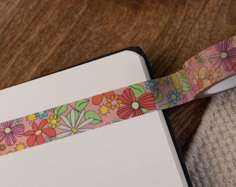 Retro Flower Washi Tape - 1960s Style Pink Floral Washi Tape - Groovy Patterned  - Paper Masking Tape for Bullet Journals UK - 70s Aesthetic