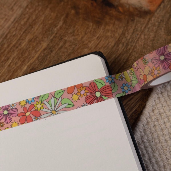 Retro Flower Washi Tape - 1960s Style Pink Floral Washi Tape - Groovy Patterned  - Paper Masking Tape for Bullet Journals UK - 70s Aesthetic