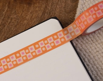 Star Checkered Washi Tape - Retro Checkerboard Patterned Washi Tape - Orange Paper Masking Tape for Bullet Journals UK - Decorative