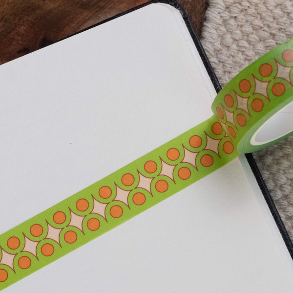 Olive Pattern Washi Tape - 15mm x 10m Paper Tape - Green and Orange Repeat Pattern -  Biodegradable Recyclable Bujo Tape - Boxed Washi