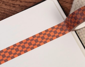 Checkerboard Brown and Orange Washi Tape - 15mm x 10m Paper Tape - Mid-Century Modern - Checker Biodegradable Recyclable Retro Bujo Tape