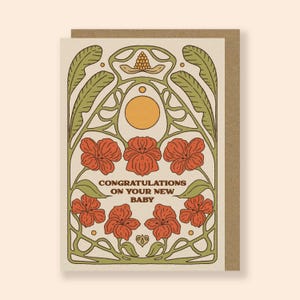 Herzlichen Glückwunsch zu Ihrem neuen Baby Jugendstil Blumenkarte - Illustrierte Hibiskus Grußkarte - erstes Baby - Hübsche Feier A6 Karte