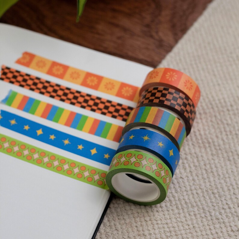 Set of 5 Washi Tapes Funky and Colourful Paper Tapes Groovy Retro Checkerboard Pattern Masking Tape for Bullet Journals UK Stationery image 2