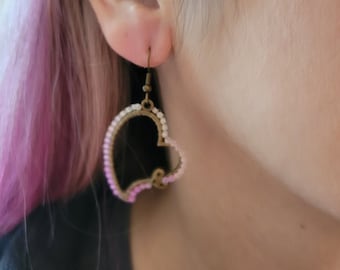 Ombre pink bead heart earrings - handmade
