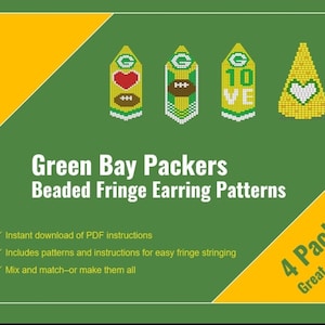 May include: Four Green Bay Packers beaded fringe earring patterns. The patterns include a heart with a football, a football with the letter G, the number 10 with the letters VE, and a heart. The patterns are for sale as a 4-pack.