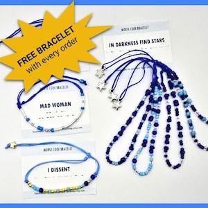 Customized Friendship Bracelet in Morse Code | blue adjustable bead jewelry resist anti-Trump, FDT | star, heart, or crown charm