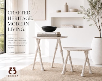 Modern Rustic White Wash Wood Side Table, Sculptural Handmade Accent Table, Organic Minimalist Furniture, Unique Carved Leg Design