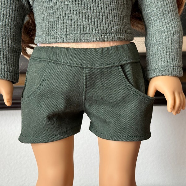 18" doll Shorts with Pockets, Dark Olive Green shorts with front pockets fits 18" dolls like American Girl and Our Generation
