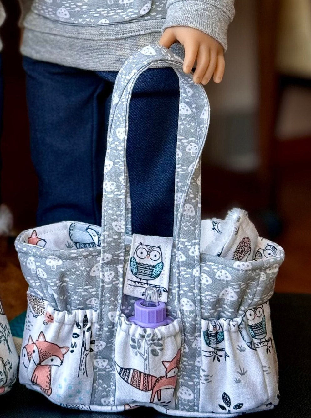 Doll Diaper Bag, White and Gray Fox, Diaper Bag for 18