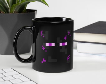 Bright black mug with minecraft enderman face, video games, gift mug for gamer, gaming, gamer products